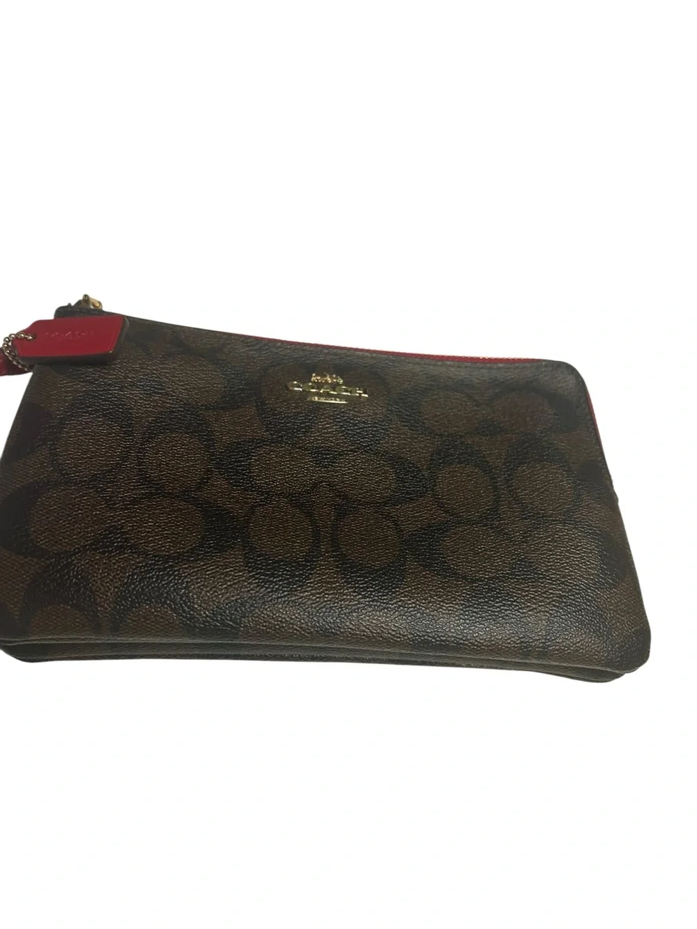 Coach Double Zip Wristlet Signature Canvas Brown Red PVC Leather Wallet Clutch